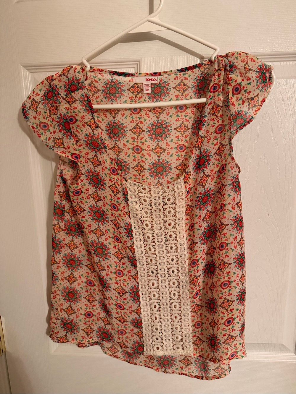 BONGO Cream Floral Print Blouse with Lace Panel
